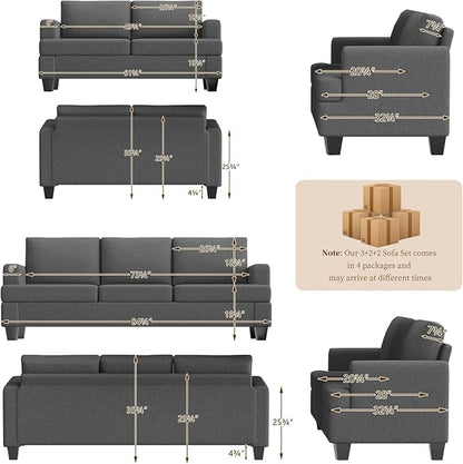 Furnimart Sectional Couches for Living Room, Modern 2 Loveseats and 3 Seater Couch, Deep Seat Sectional Sofa Set, Comfy Fluffy Grey Couch with Removable Sofa Cover, Dark Grey