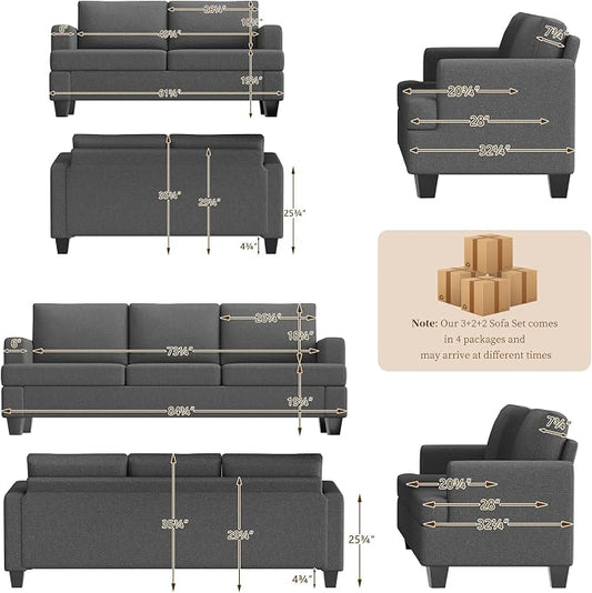 Furnimart Sectional Couches for Living Room, Modern 2 Loveseats and 3 Seater Couch, Deep Seat Sectional Sofa Set, Comfy Fluffy Grey Couch with Removable Sofa Cover, Dark Grey
