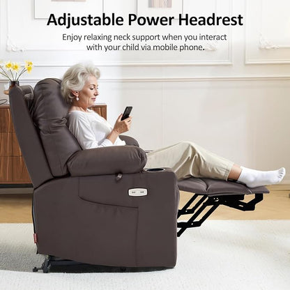 MCombo Small Power Lift Recliner Chair Sofa with Massage and Dual Heating, Adjustable Headrest for Elderly People Petite, USB Ports, 7111 (Single Motor, Dark Coffee)