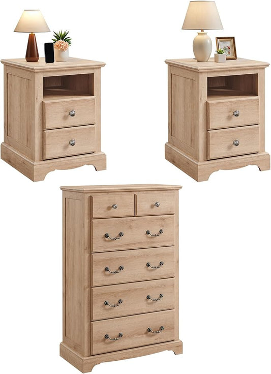 T4TREAM Farmhouse Dresser and Nightstand Sets of 3, 48" Tall 6 Drawers Dresser & 2-Drawer Nightstands Set, Wood Bedroom Furniture Set for Home, Hallway, Bedroom, Natural Oak