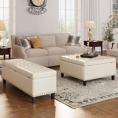 FiveWillowise Square Leather Ottoman with Storage, Faux Leather Coffee Table with Lift Top,Large Upholstered Footrest Stool Toy Box Storage Bench for Bedroom Living Room, Ivory White