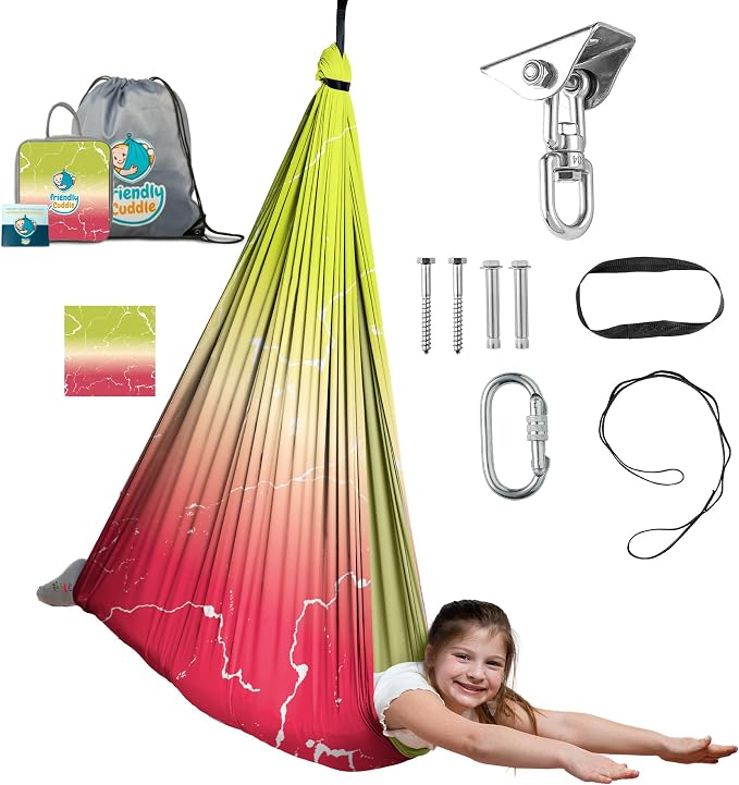 Indoor Sensory Swing for Kids or Outdoor – Holds 300lbs, Double-Layer, & 360° Swivel, Calming Compression Therapy Swing Hammock for Kids & Adults with All Hardware – Sensory-Motor Toys & Gifts
