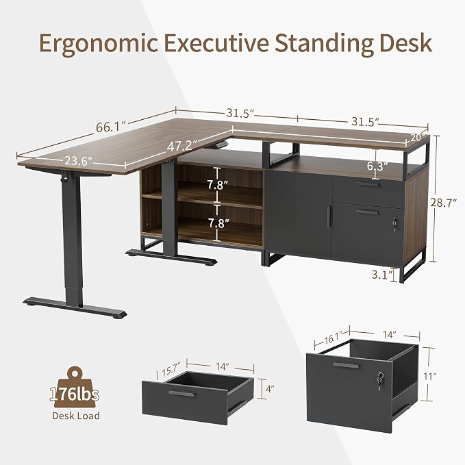 FEZIBO 66 Inch L Shaped Standing Desk with Drawers & Shelves, Executive Table Adjustable Height, Black Walnut Top/Black Frame