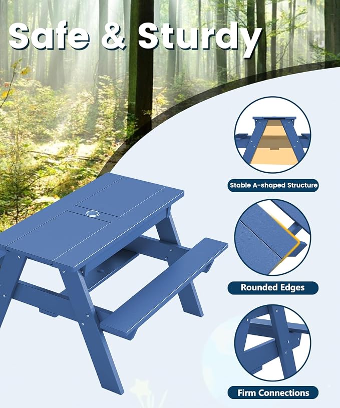 FOOWIN Kids 3-in-1 Sand & Water Table,HDPE Outdoor Convertible Picnic Table w/Detachable Tabletop, for Outdoor Backyard Patio Play Blue