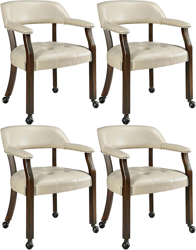 LEEMTORIG Set of 4 Dining Chairs with Casters and Arms, Large Rolling Dining Chairs with Wheels, Game Chairs, Wood Boss Caption's Chair, 26"D x 25.2"W x 31.5"H, Espresso Legs & Beige PU, XXY-1910-BG