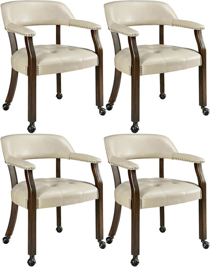 LEEMTORIG Set of 4 Dining Chairs with Casters and Arms, Large Rolling Dining Chairs with Wheels, Game Chairs, Wood Boss Caption's Chair, 26"D x 25.2"W x 31.5"H, Espresso Legs & Beige PU, XXY-1910-BG