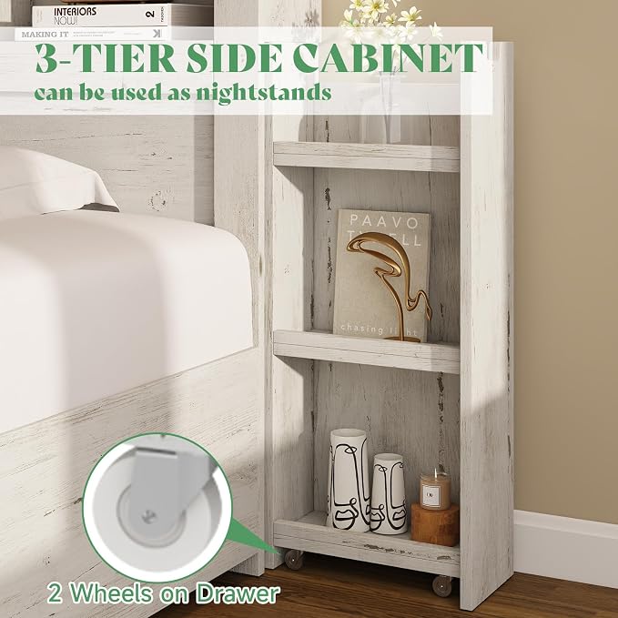 AMERLIFE Full Bed Frame with 4 Storage Drawers, LED Bed Frame with 49.6" Tall Bookcase Headboard, Wood Platform Bed with Charging Station & 2 Slide Bedside Shelf, No Box Spring Needed/Distressed White
