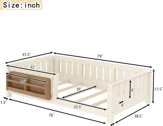 Bellemave Twin Size Floor Bed with high Rails and with Built-in Bookshelf for Kids, Girls, Boys, Wood Montessori Floor Bed Without Door, Beige