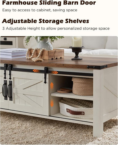 OKD 48" Farmhouse Lift Top Coffee Table with Sliding Barn Door,Rustic Center Table with Hidden Storage Compartment,Lifting Tabletop and Adjustable Shelf for Living Room,Office,Antique White