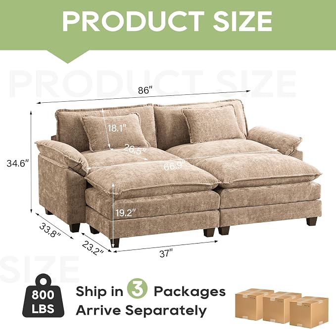 Oprisen 86" Modular Sectional Sofa, Comfy Cloud Couch Sectional Sofa with Ottomans, Chenille Sofa Sleeper Deep Seat Sofa with Throw Pillows for Living Room (Khaki)