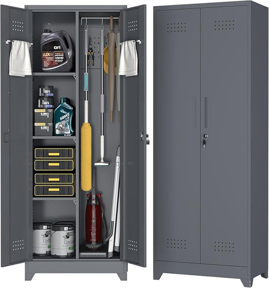 65''H Garage Storage Cabinets, Metal Locking Storage Cabinet with Doors and Shelves, Utility Closet Cabinet with Hanging Rod, Cleaning Storage for Kitchen, Office, Garage