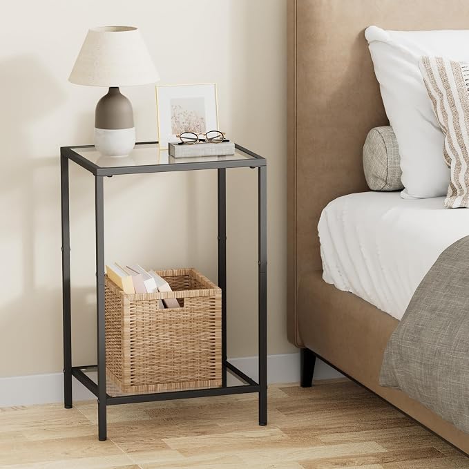 HOMSHO Side Tables Set of 2, End Tables with Tempered Glass, 2-Tier Nightstands with Storage Shelves, Coffee Table with Modern Style, Slim Sofa Table for Living Room, Bedroom, 11.8" D x 15" W, Black