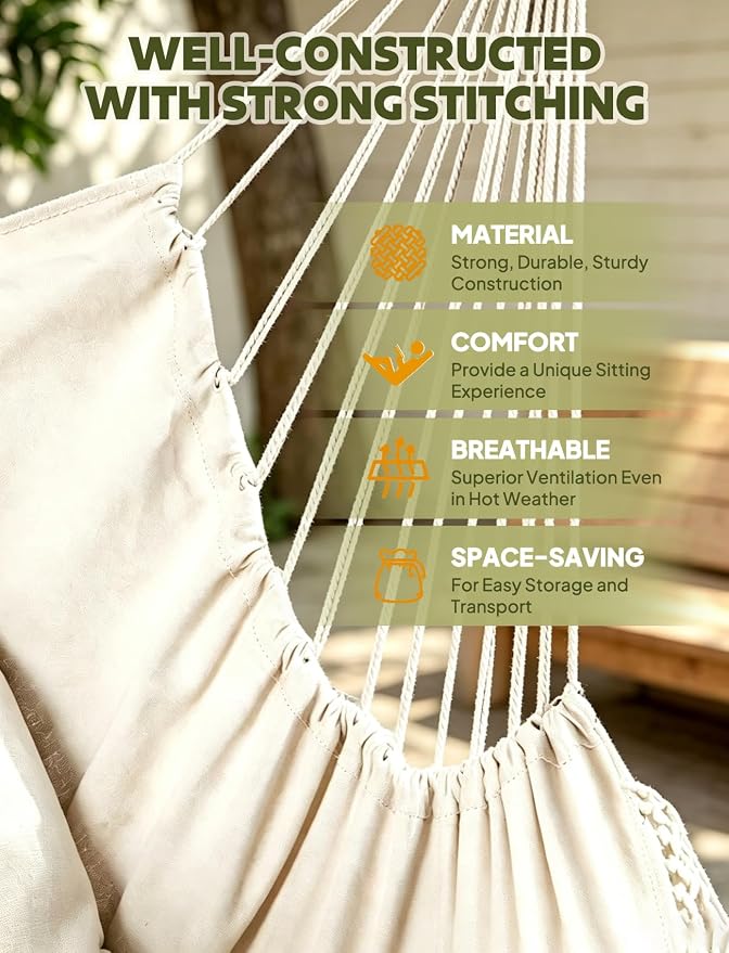 Chihee Hammock Chair Hanging Swing Max 500 Lbs 2 Cushions Included Metal Spreader Bar with Anti-Slip Grooves Portable Hanging Chair Side Pocket Large Macrame Bohemian Chair Indoor Outdoor