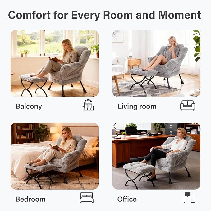 Lazy Chair with Ottoman, Modern Accent Lounge Leisure Sofa with Armrests, Reading Chair and Folding Footstool for Living Room, Bedroom, Office, Plush Grey