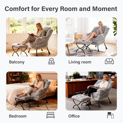 Lazy Chair with Ottoman, Modern Accent Lounge Leisure Sofa with Armrests, Reading Chair and Folding Footstool for Living Room, Bedroom, Office, Plush Grey