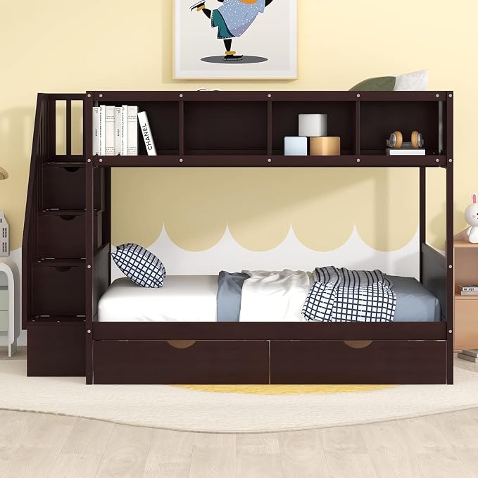 MERITLINE Twin Over Full Bunk Bed with Stairs, Storage Shelves and Drawers, Solid Wood Bunk Bed Frame with Storage, for Teens Adults (Espresso)