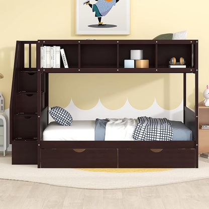 MERITLINE Twin Over Full Bunk Bed with Stairs, Storage Shelves and Drawers, Solid Wood Bunk Bed Frame with Storage, for Teens Adults (Espresso)