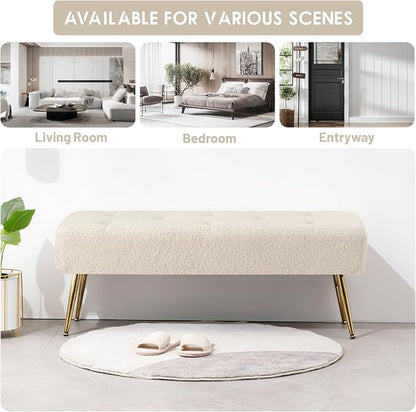 Furniliving 44 Inch Modern Ottoman Bench, Upholstered Faux Fur Fabric Entryway Benches with Gold Metal Frame for Living Room Vintage Indoor Benches End Bed Bench Footrest Ottoman (IvoryWhite)