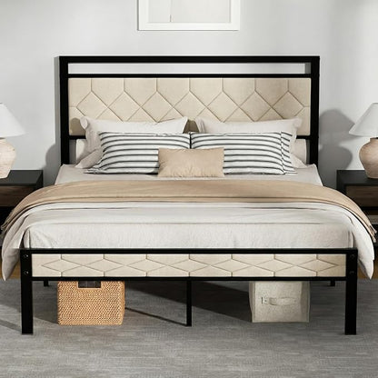 Z-hom Easy Assembly Upholstered Platform Bed Frame with Soft Padded Headboard, Modern Linen Fabric Mattress Foundation, No Box Spring Needed, Noise-Free & Sturdy Metal Support, Queen Size (Beige)