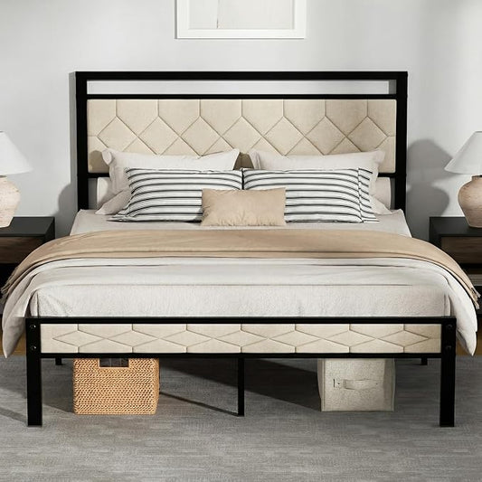 Z-hom Easy Assembly Upholstered Platform Bed Frame with Soft Padded Headboard, Modern Linen Fabric Mattress Foundation, No Box Spring Needed, Noise-Free & Sturdy Metal Support, Queen Size (Beige)