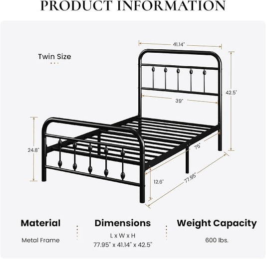 SHA CERLIN Twin Size Metal Platform Bed Frame with Victorian Style Iron-Art Headboard and Footboard, Easy Assembly, Under Bed Storage, No Box Spring Required, Black