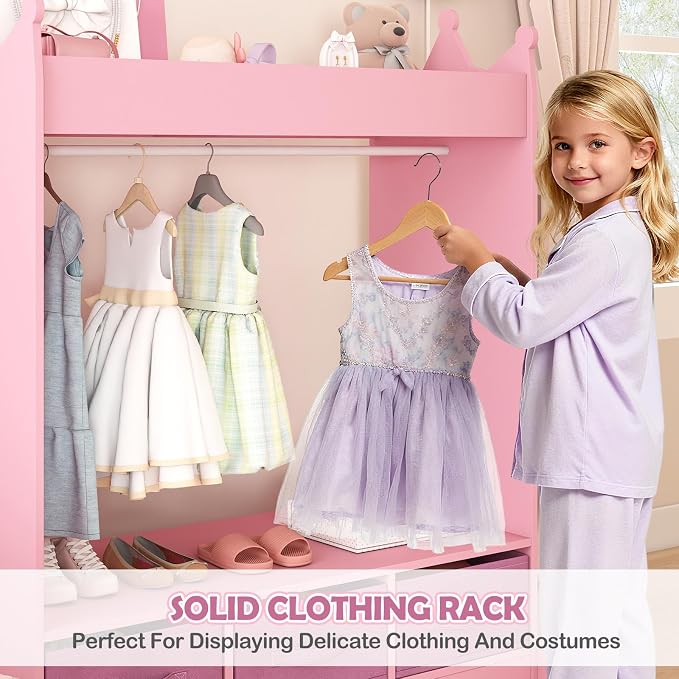 COSVALVE Kids Dress Up Storage with Mirror and Drawers, Kid Armoire Dresser, Pretend Storage Closet for Kids, Costume Wardrobe with Top Shelf for Playroom Bedroom, Lovely Pink