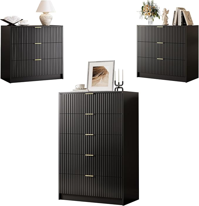 MAISONARIA 3-Piece Dresser Bedroom Set, 5 Drawer Dresser & 3 Drawer Nightstands with Gold Handles, Fluted Wood Chest of Drawers for Bedroom, Living Room, Entryway, Black