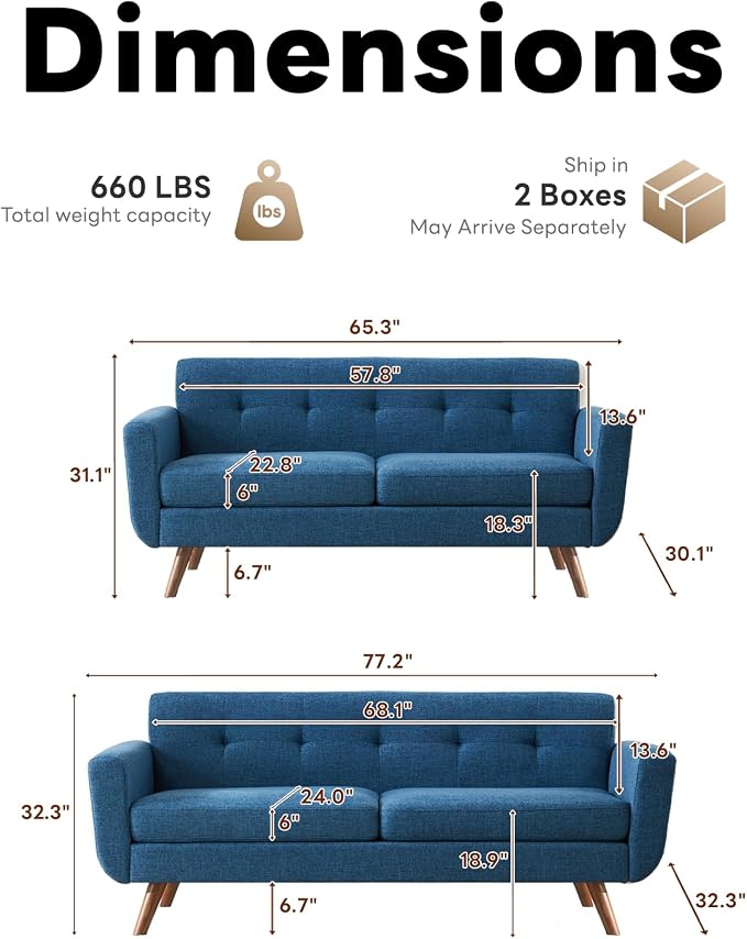 Tbfit Mid Century Modern Sofa Couch, Blue, Loveseat & Standard Sofa | linen fabric