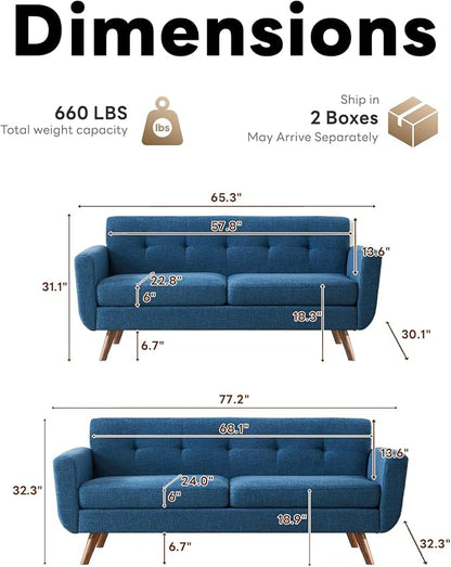 Tbfit Mid Century Modern Sofa Couch, Blue, Loveseat & Standard Sofa | linen fabric