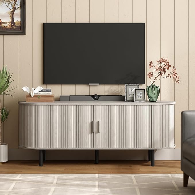 ONBRILL 55" TV Stand with Power Outlet for TVs up to 60 Inch, Entertainment Center with Storage and Adjustable Shelves, Modern Media Console with Sliding Doors for Living Room, Natural White