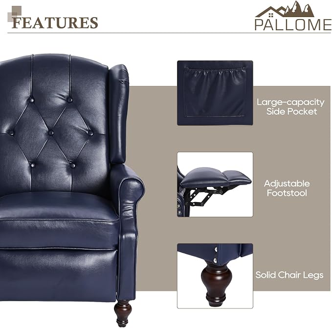 Wingback Recliner Chair with Massage and Heat PU Leather Push Back Arm Chair, Recliner Chair for Living Room Bedroom Home Theater (1,Navy Blue)
