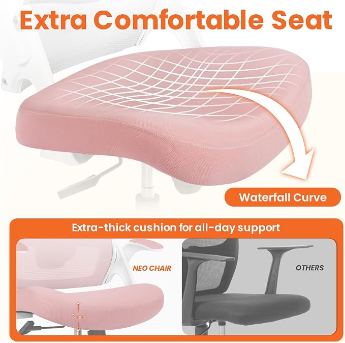 NEO Chair Office Desk Gaming Chair Computer High Back Mesh Seat with Rolling Wheels Ergonomic Adjustable Comfy Flip-up Armrests Lumbar Support Height for Home (Pink White Frame)