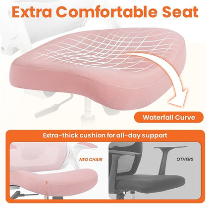 NEO Chair Office Desk Gaming Chair Computer High Back Mesh Seat with Rolling Wheels Ergonomic Adjustable Comfy Flip-up Armrests Lumbar Support Height for Home (Pink White Frame)