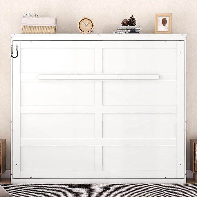 Merax Farmhouse Solid Wood Murphy Bed Chest, Space Saving, Queen,White | Modern Wall Bed with Wood Slat Support/ No Box Spring Needed/ Easy Assemble