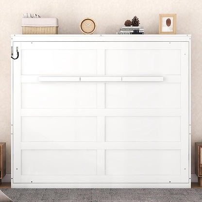 Merax Farmhouse Solid Wood Murphy Bed Chest, Space Saving, Queen,White | Modern Wall Bed with Wood Slat Support/ No Box Spring Needed/ Easy Assemble