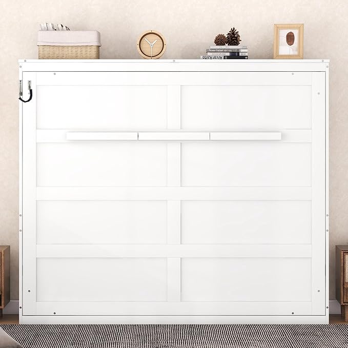 Ball & Cast Queen Size Murphy Bed,Hideaway Beds with Dual Piston Metal Folding Mechanism Designed,Wood Wall Cabinets Bedframe w/Slat Support and Storage Platform Top,Hardware Chain,for Apartment,White