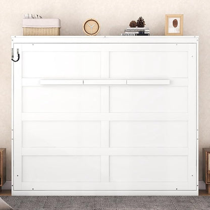 Ball & Cast Queen Size Murphy Bed,Hideaway Beds with Dual Piston Metal Folding Mechanism Designed,Wood Wall Cabinets Bedframe w/Slat Support and Storage Platform Top,Hardware Chain,for Apartment,White
