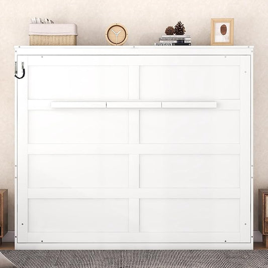 Ball & Cast Queen Size Murphy Bed,Hideaway Beds with Dual Piston Metal Folding Mechanism Designed,Wood Wall Cabinets Bedframe w/Slat Support and Storage Platform Top,Hardware Chain,for Apartment,White