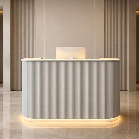 Modern Reception Desk, Reception Desk with Counter for Office and Salon | Power Outlet Lockable Cabinet Keyboard Tray Privacy Panel Cable Grommet Open Storage Storage Cabinet