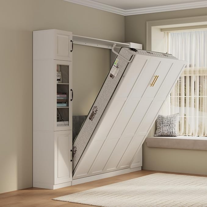 Bobve Farmhouse Murphy Bed Queen, 85" Wall Bed Folds to Save Space,Concealed Bed Frame with 1 Glass Storage Cabinet and Wall Mounted Features for Apartment/Office/Guest Room