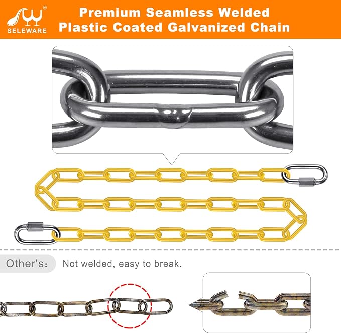 SELEWARE 2 Pack 40 Inch Hanging Swing Chain with 4 Carabiners, 1000LB Capacity Plastic Coated Hanging Chains, Hammock Hardware Kit for Swing, Hanging Chair, Punching Bags, Indoor Outdoor Gym (Yellow)
