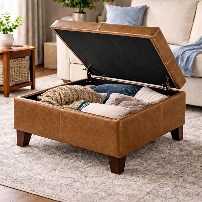 HomePop 28" Faux Leather Square Storage Ottoman - Brown