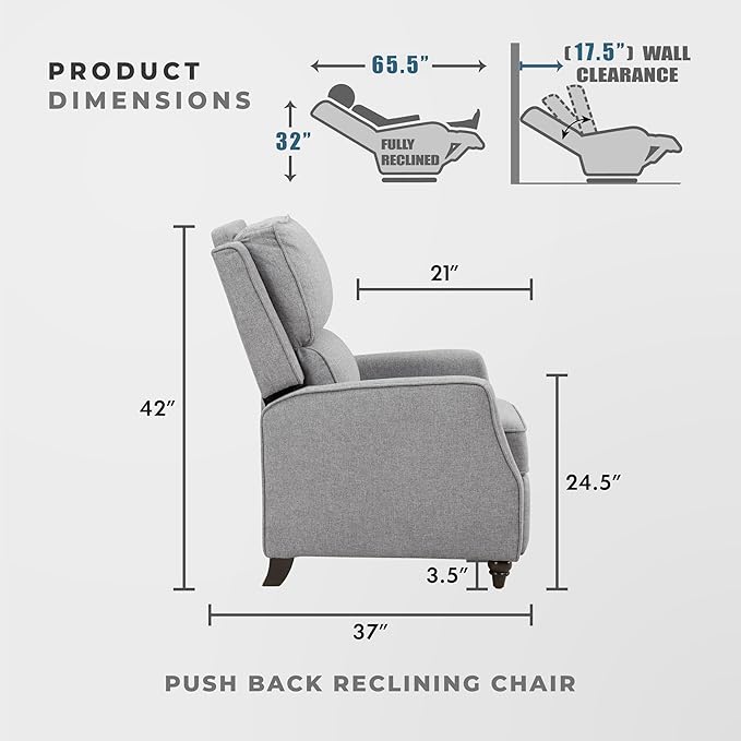 Lexicon Push Back Recliner Chair, Manual Accent Recliner with Track Arms & Bun Feet, Deep Cushioned Comfort, Modern Fabric Reclining Armchair for Living Room, Bedroom & Office, 29.5" W - Gray