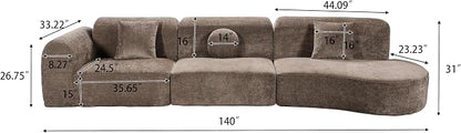 Merax 3-Piece 140" Curved Sectional Sofa Set, 4 Seat L-Shaped Modular Modern Cloud Couch with Chaise Lounge, 3 Pillows, Fully Assembled High-Density Compressed Sponge for Living Room, Brown