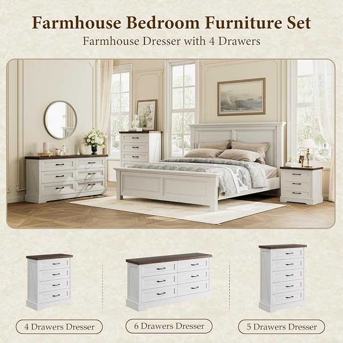 AODK White Farmhouse 4 Drawer Dresser for Bedroom, 39" Tall Engineered Wooden Chest of Drawers with Metal Handle, Modern Storage Cabinet and Organizers for Closet, Living Room, Entryway, Walnut Top