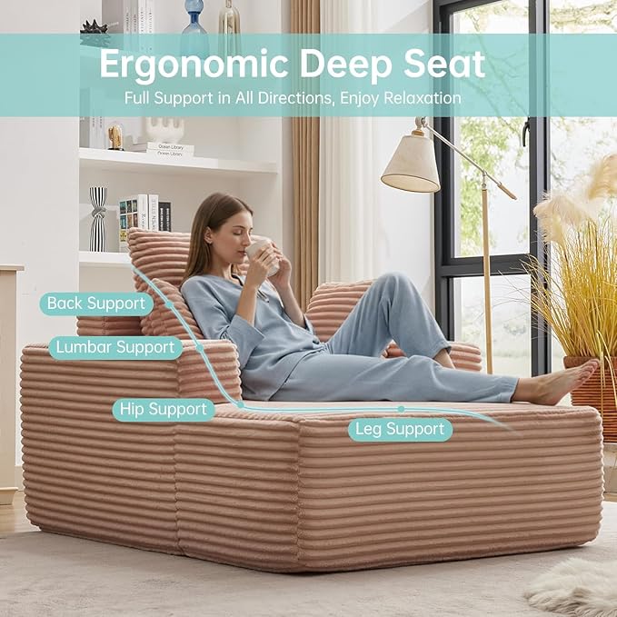Boneless Chaise Lounge Chair, 54" Oversized Cloud Couch Sofa with Deep Seat, Plush Corduroy Reading Chair for Living Room, Bedroom, Reading Nook, Apartment, Gaming Room & Movie Nights, Pink
