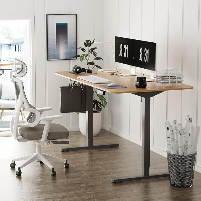 YESHOMY Height Adjustable Electric Standing Desk, 55 inch Computer Table, Home Office Workstation, Black Leg/Natural Top