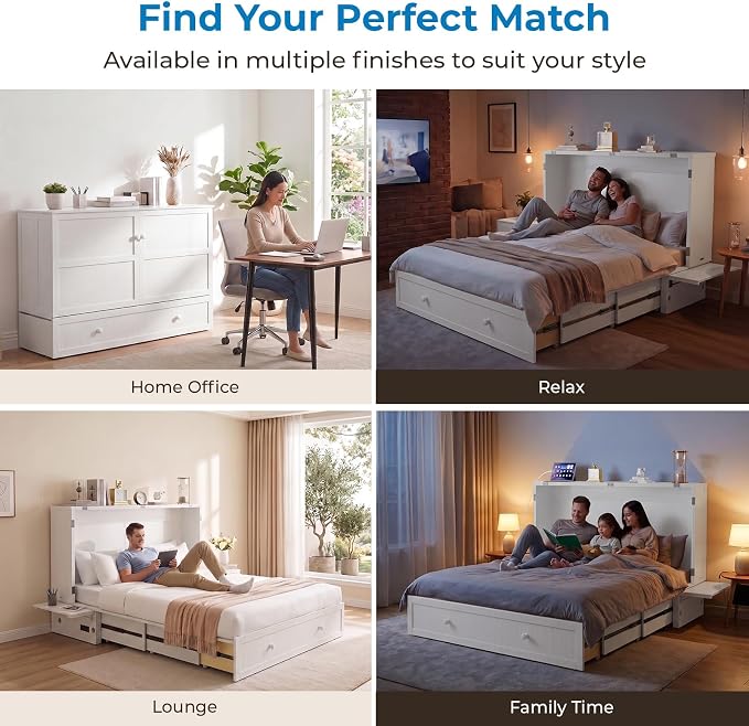 Mjkone Murphy Bed Queen Cabinet Bed with Tri-fold Mattress and Built-in USB Charging, 2 Drawers, Bedside Panel, Hidden Guest Beds, Murphy Cube Chest Cabinet Beds for Bedroom, Apartment - White