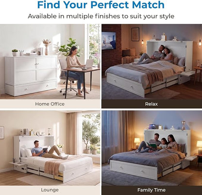 Mjkone Murphy Bed Queen Cabinet Bed with Tri-fold Mattress and Built-in USB Charging, 2 Drawers, Bedside Panel, Hidden Guest Beds, Murphy Cube Chest Cabinet Beds for Bedroom, Apartment - White