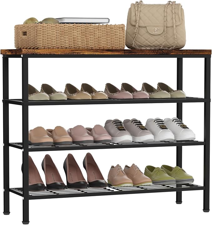 4-Tier Metal Shoe Rack with Wood Top - Durable & Space-Saving Shoe Organizer,Industrial Shoe Organizer Shelf Bench Storagefor Closet Entryway, Bedroom & Hallway - Bronze+Black 28.5 W × 25.5" H